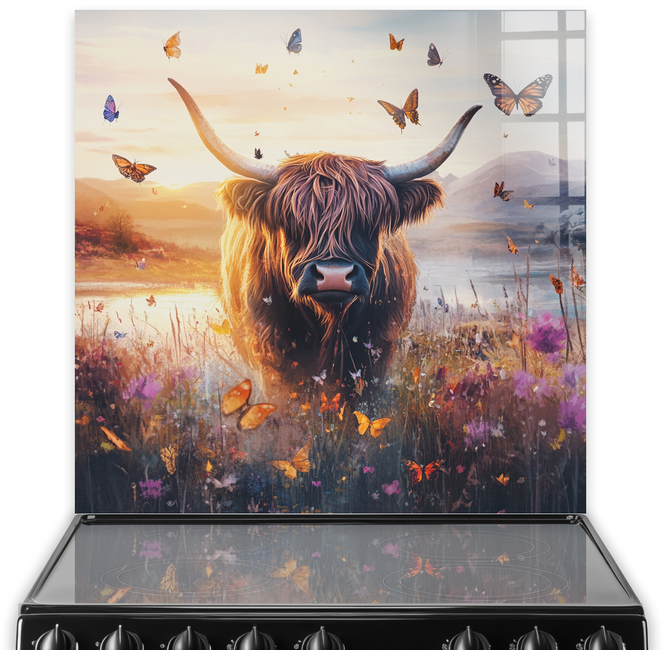 Highland Cow standing amongst wildflowers with butterflies, designed as a splashback for kitchen décor.