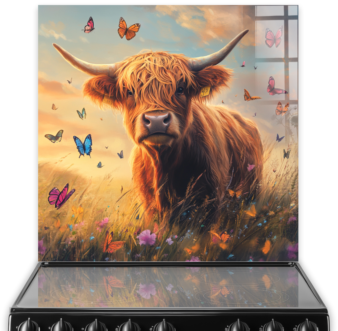 Highland Cow named Jasper surrounded by colourful butterflies on a splashback