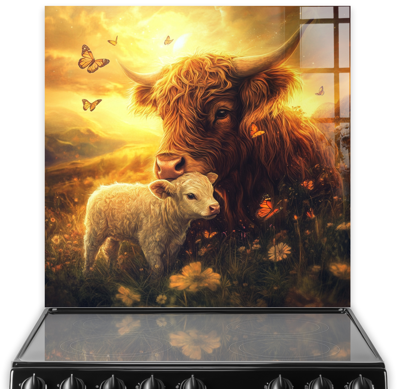 Highland Cow and Calf depicted on a kitchen splashback with warm sunset colours and fluttering butterflies.