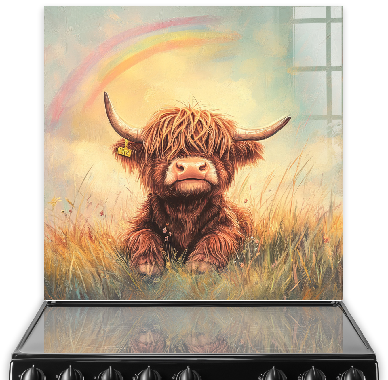 Artistic depiction of Lucky the Cow, a brown Highland Cow in front of a rainbow, on a kitchen splashback