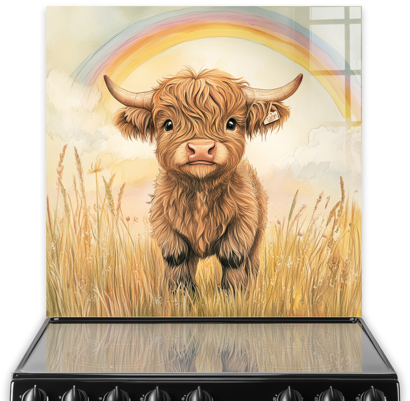 Warm-toned Highland Cow calf named Teardrop standing in a field with a rainbow, designed as a printed splashback.