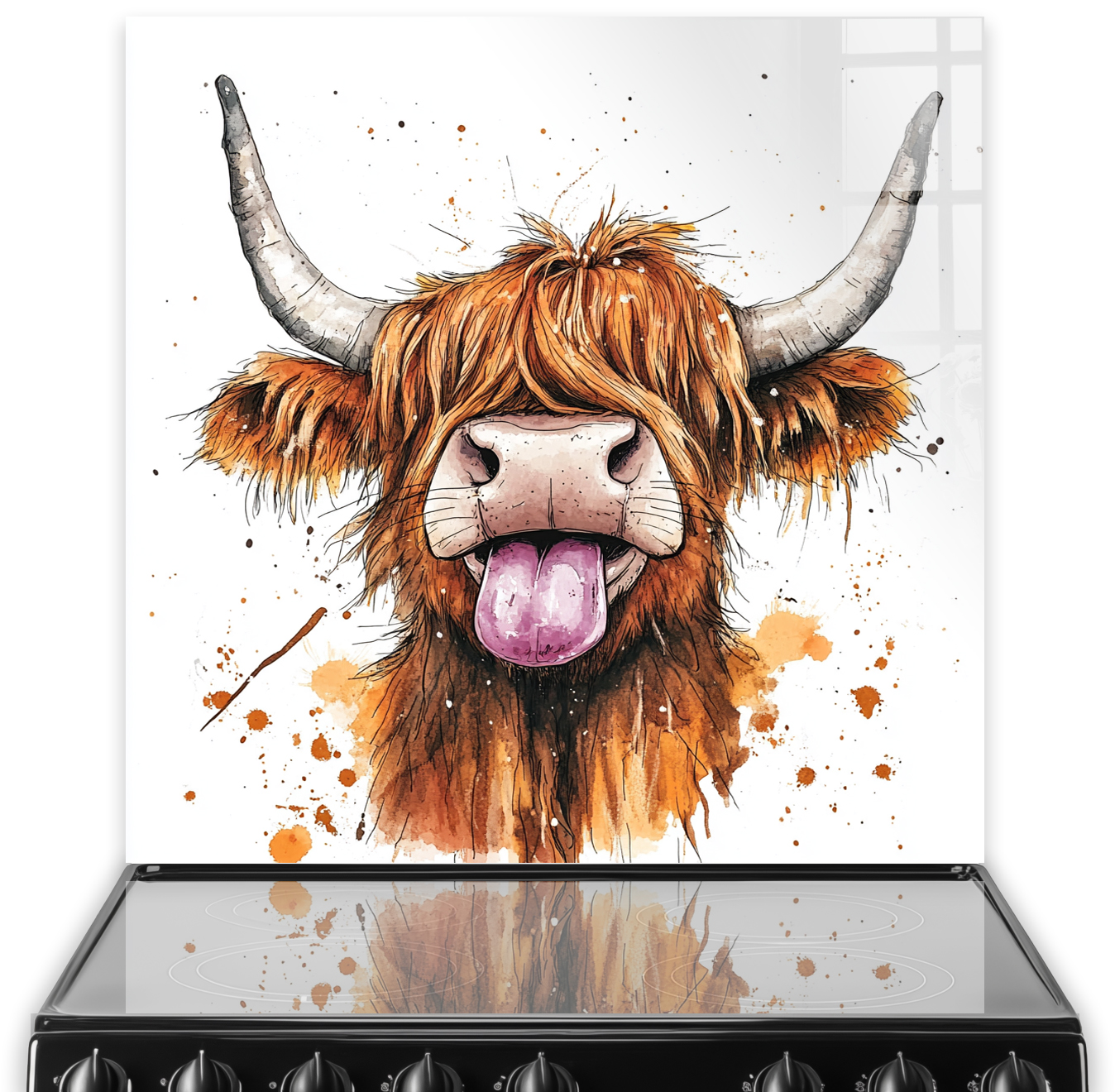 Sassy Moo Highland Cow art on kitchen splashback featuring a lively cow with tongue out amidst earth-toned splashes