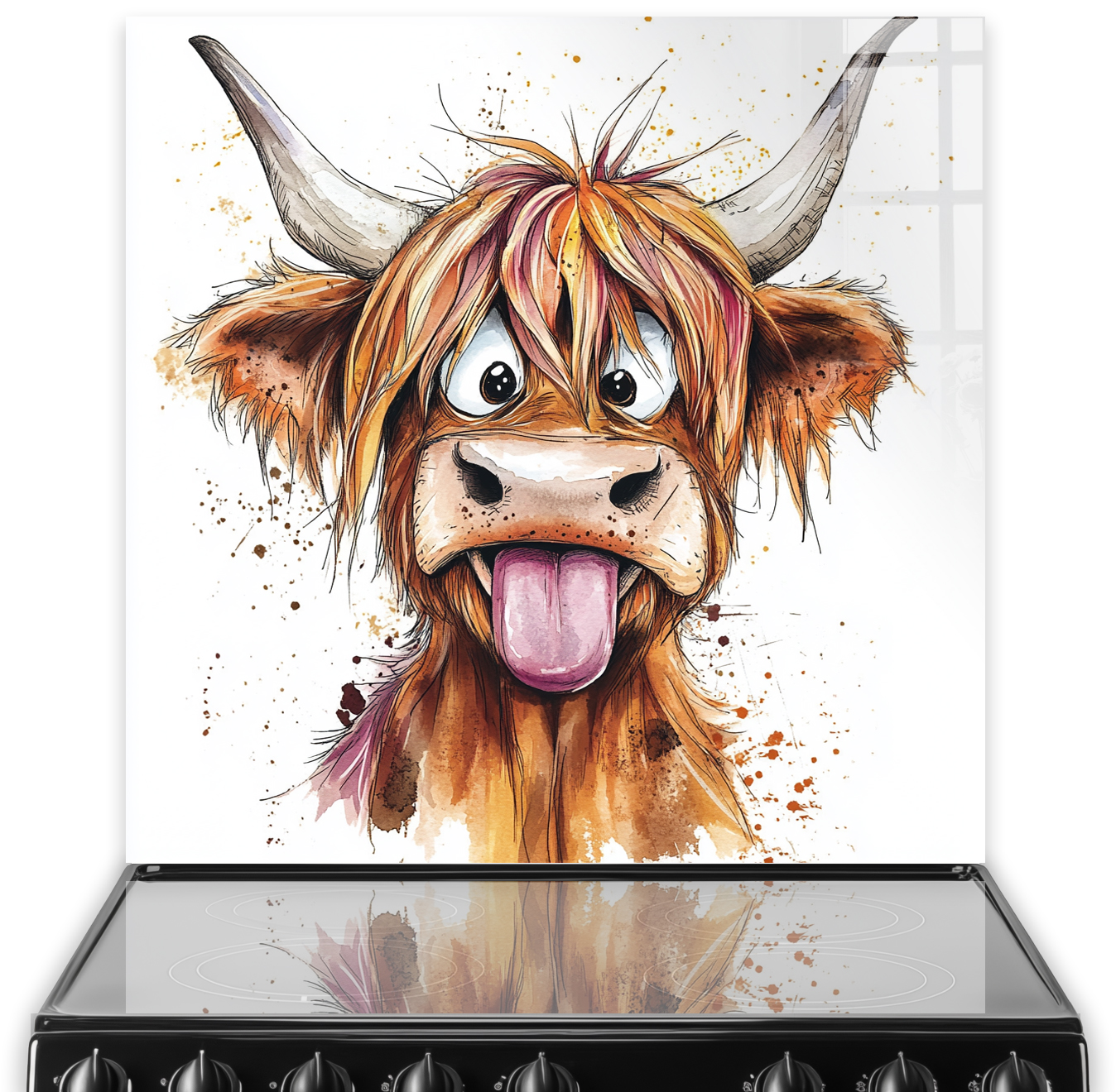 Daisy Diva the Highland Cow kitchen splashback art with a cheeky expression in earthy brown tones and vibrant accent colours
