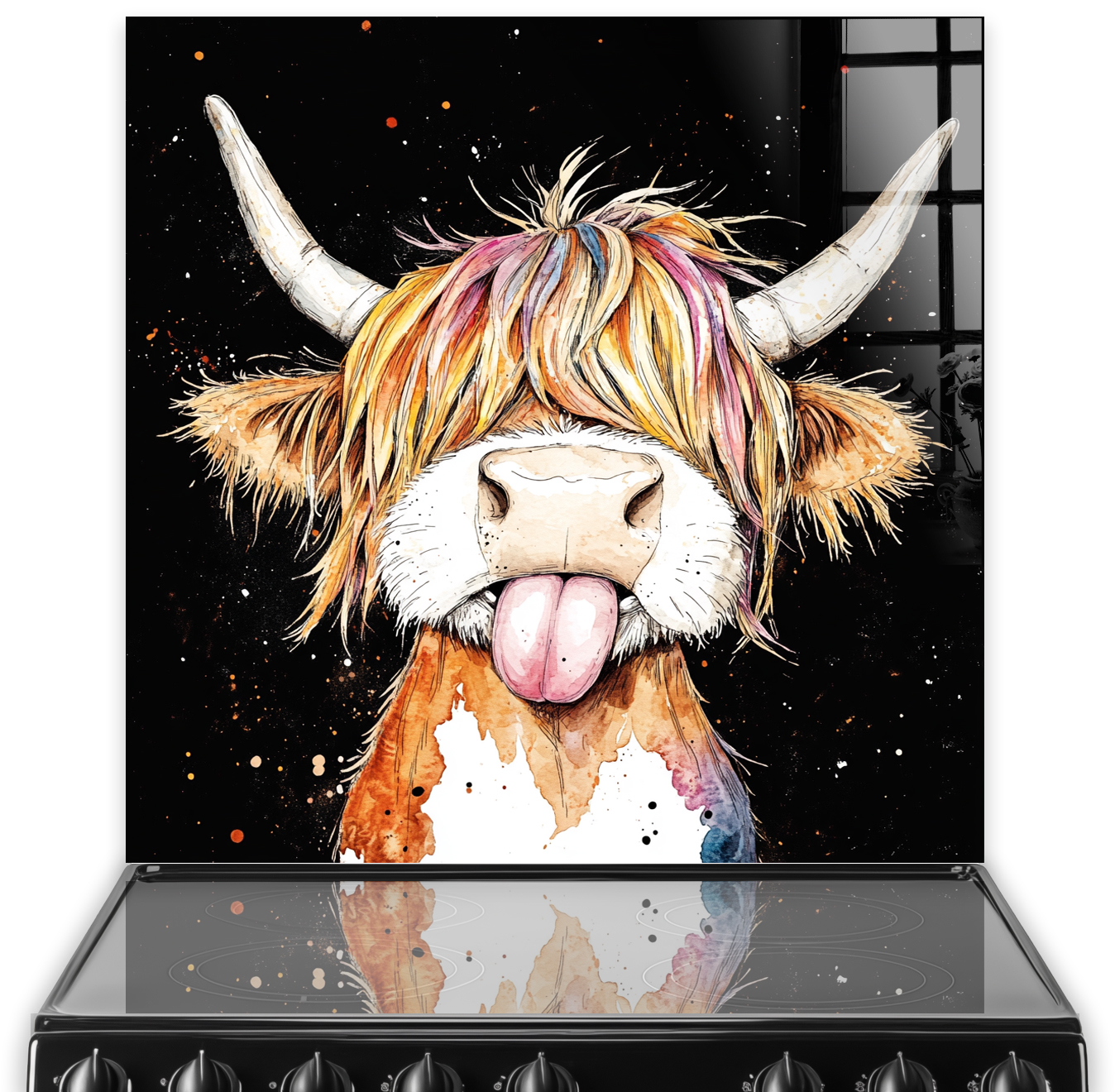 Cleopatra Cow Highland Cow with colourful mane on splashback art