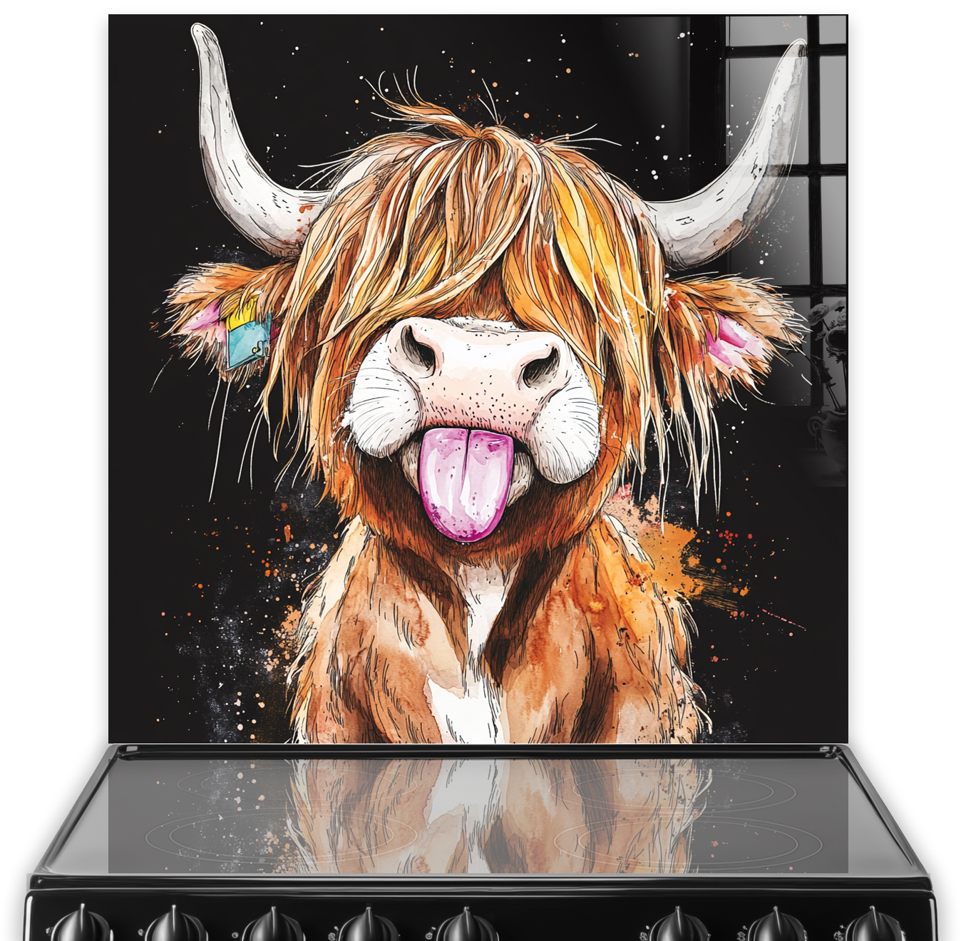 Highland Cow with tongue out, titled 