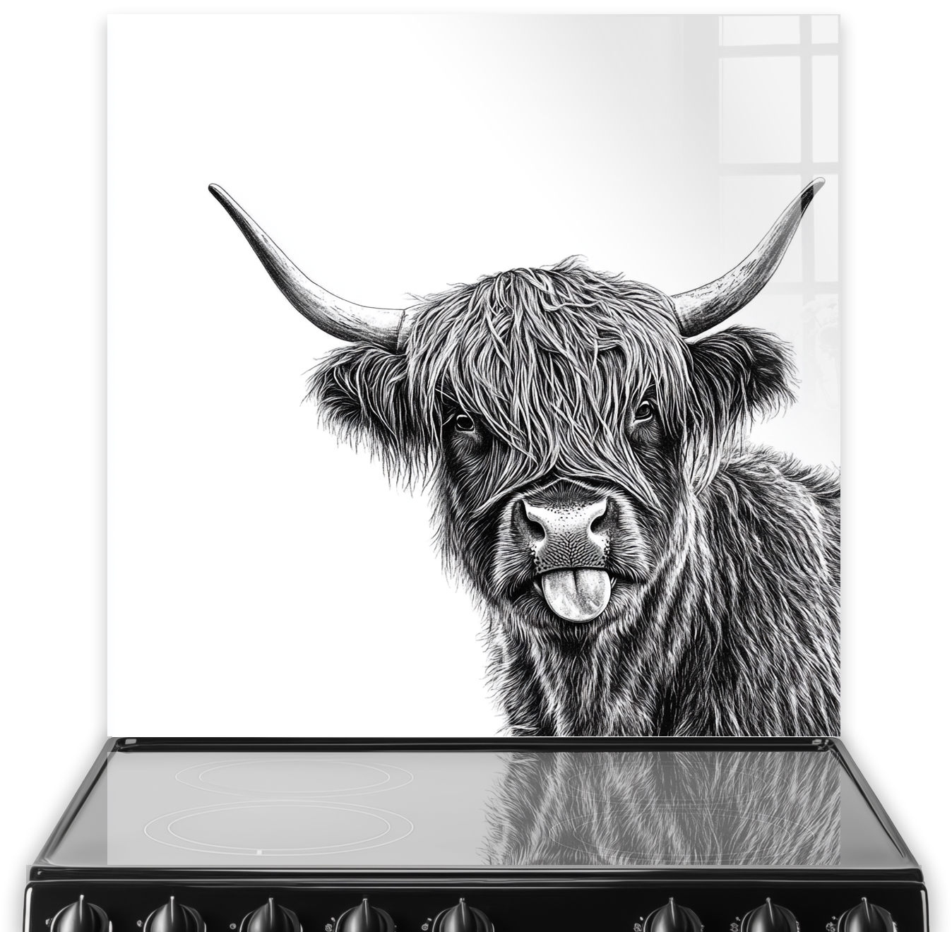 A black and white sketch of Cheeky Coo, a playful Highland Cow, on a printed kitchen splashback.