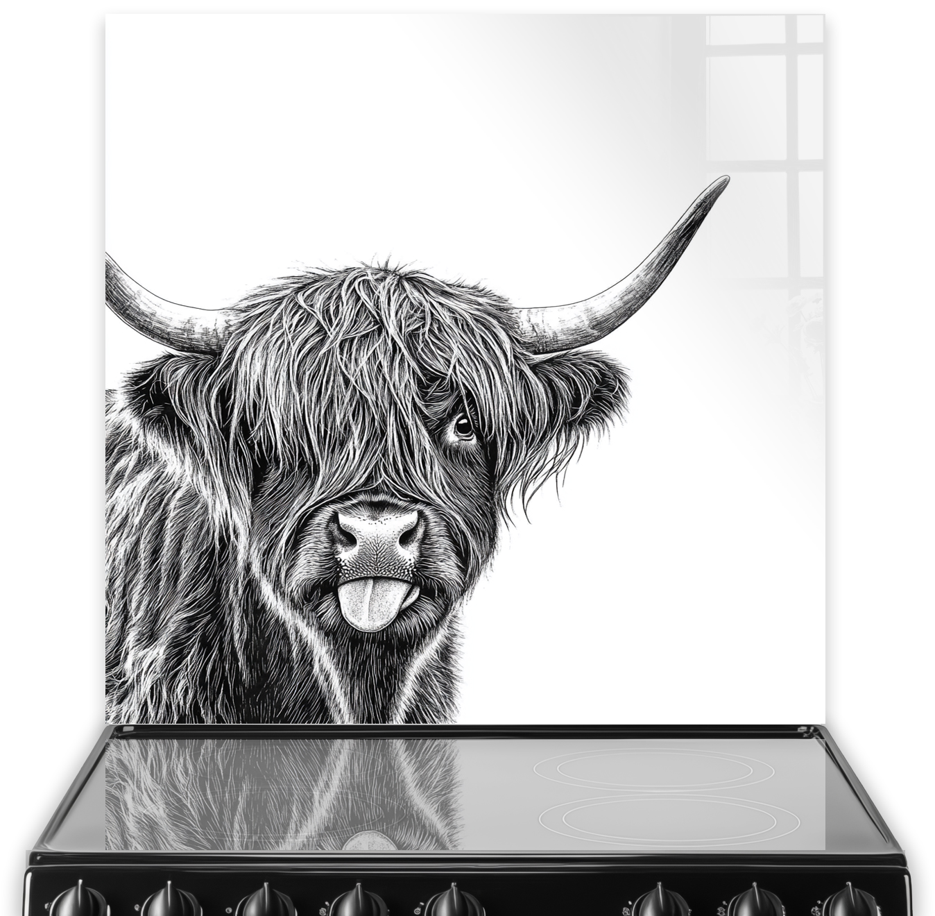 Monochrome Highland Cow with tongue out on kitchen splashback