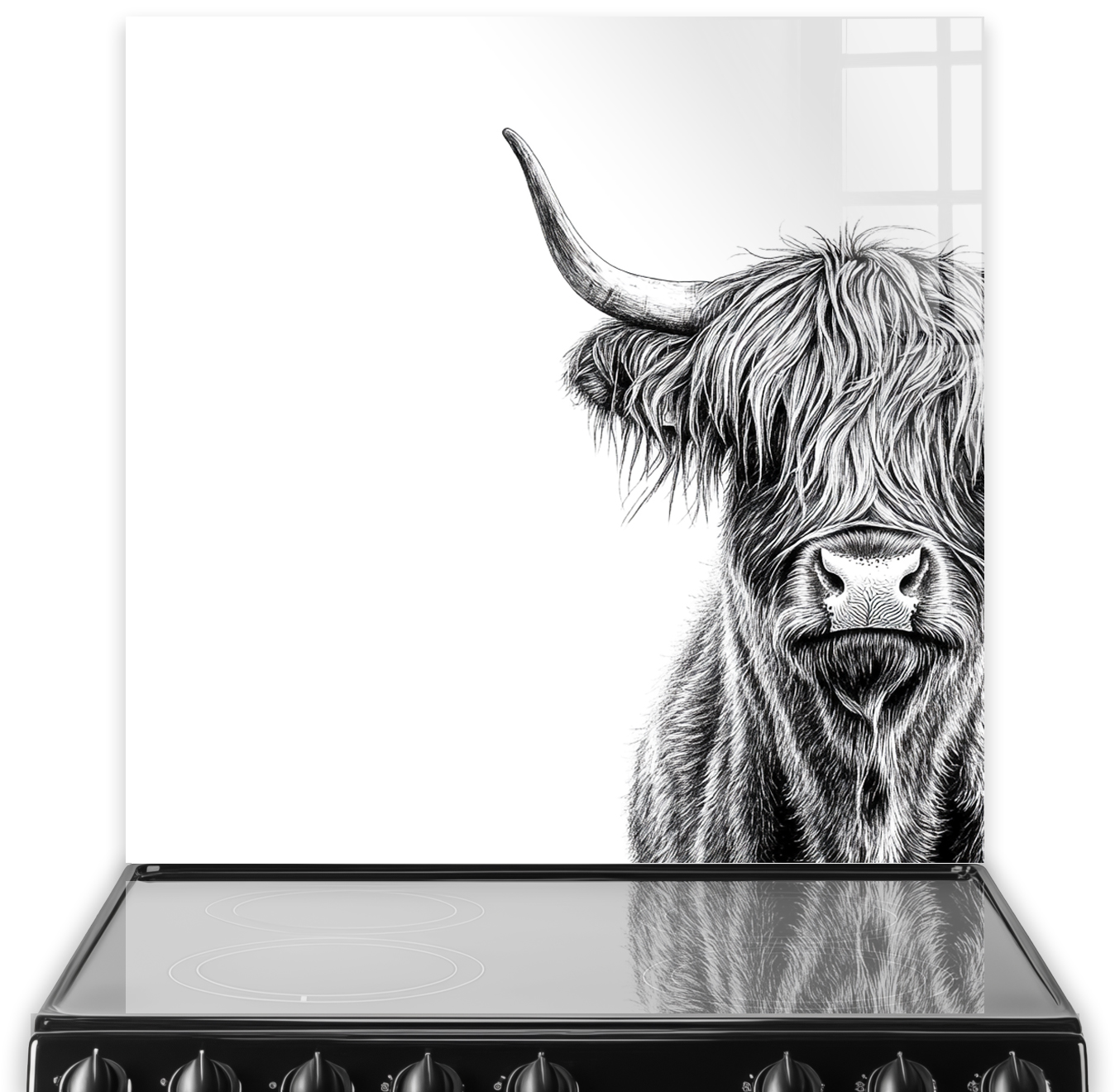 Stylish monochrome illustration of a Highland Cow on a kitchen splashback