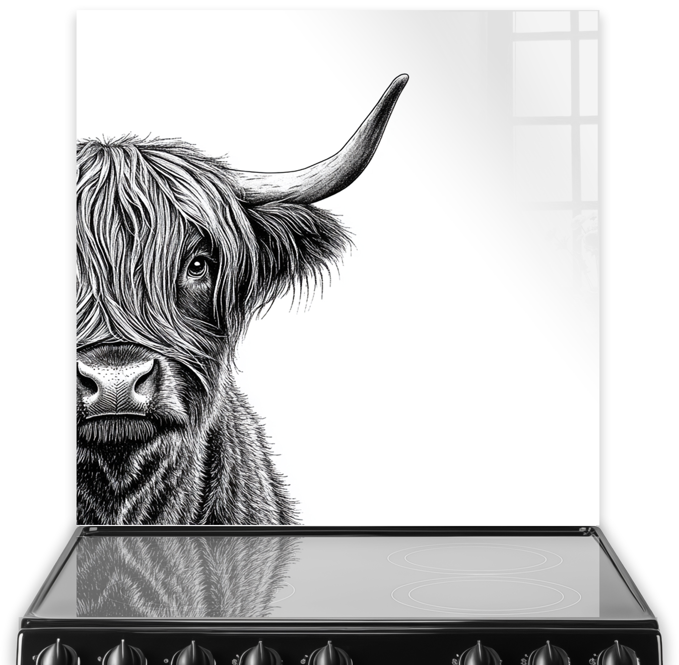 A minimalist black and white sketch of a Highland Cow named Isla on a kitchen splashback, featuring detailed fur texture and a captivating gaze.