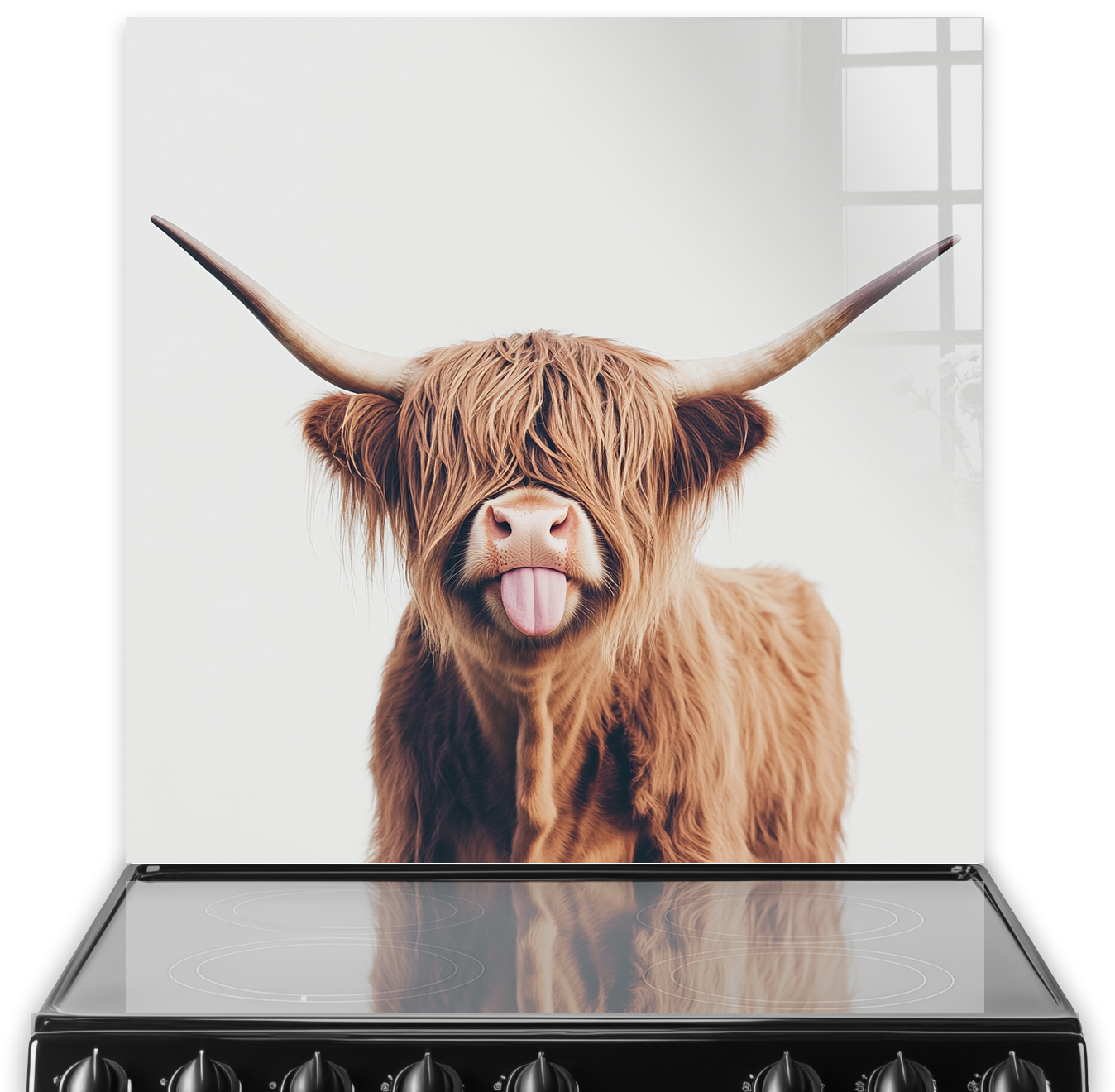 Quirky Highland Cow with tongue out on kitchen splashback art