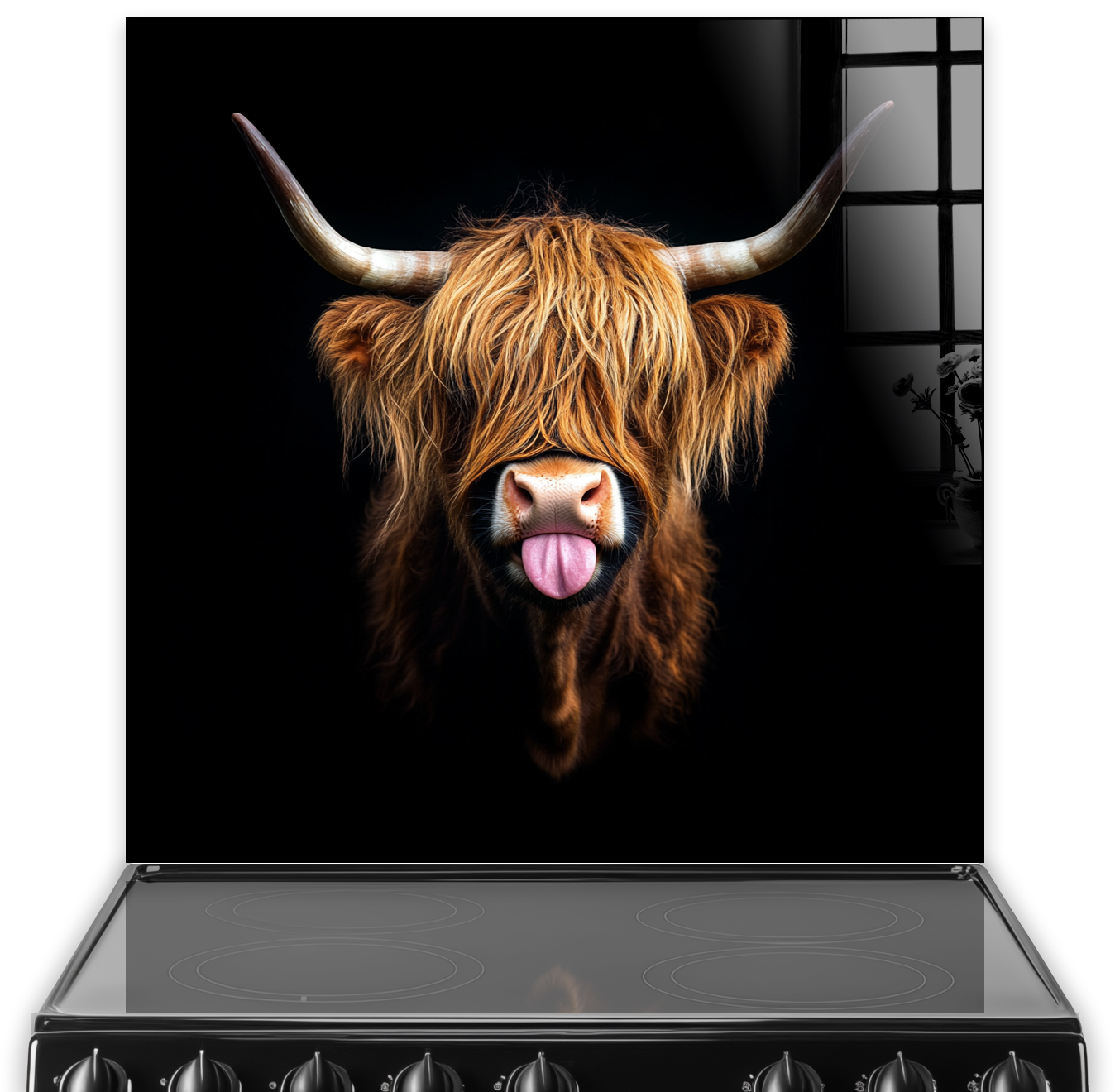 Playful Highland Cow with russet fur and cream horns on black background splashback art named 