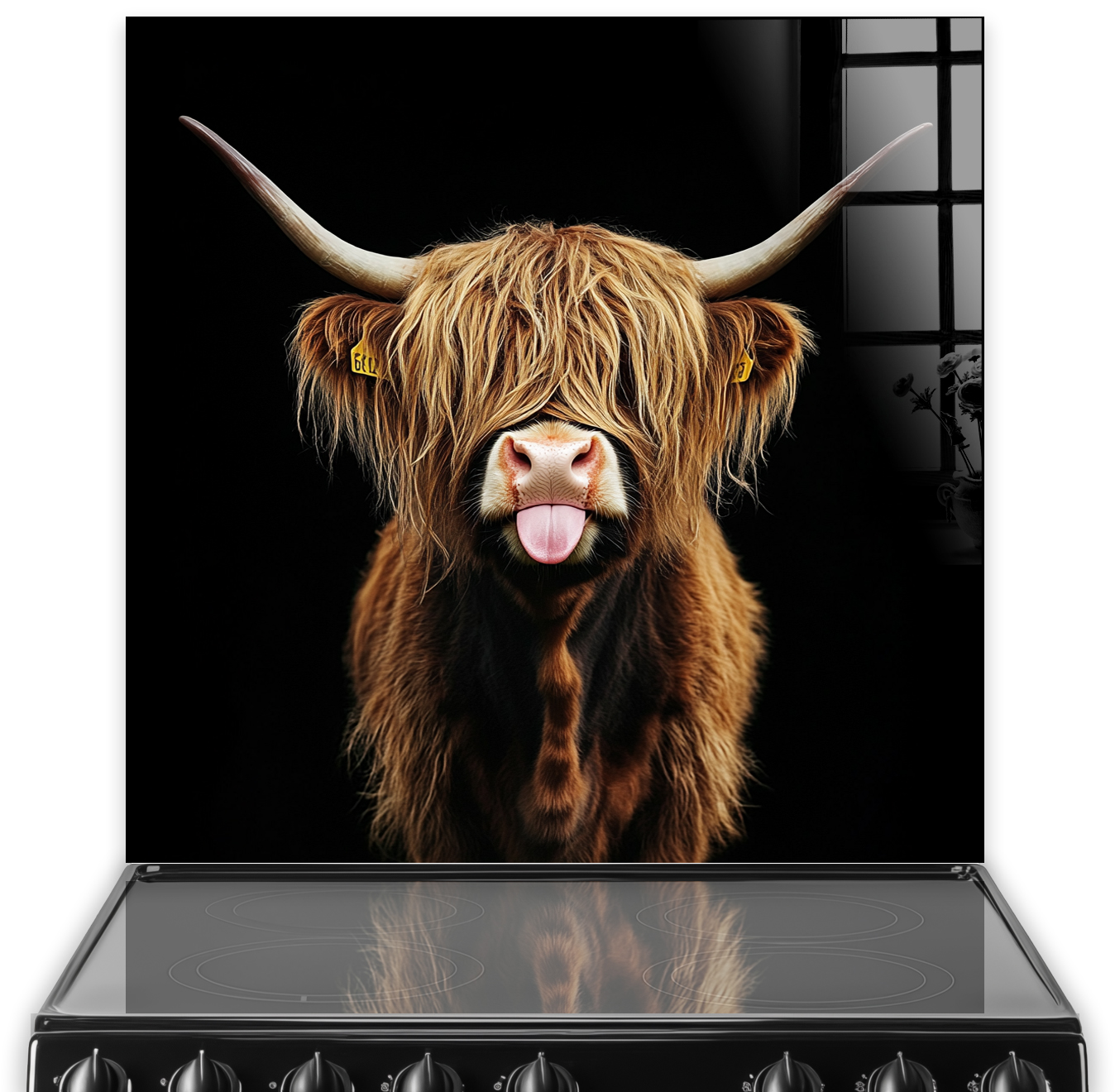 Highland Cow with Tongue Out on Black Background - 