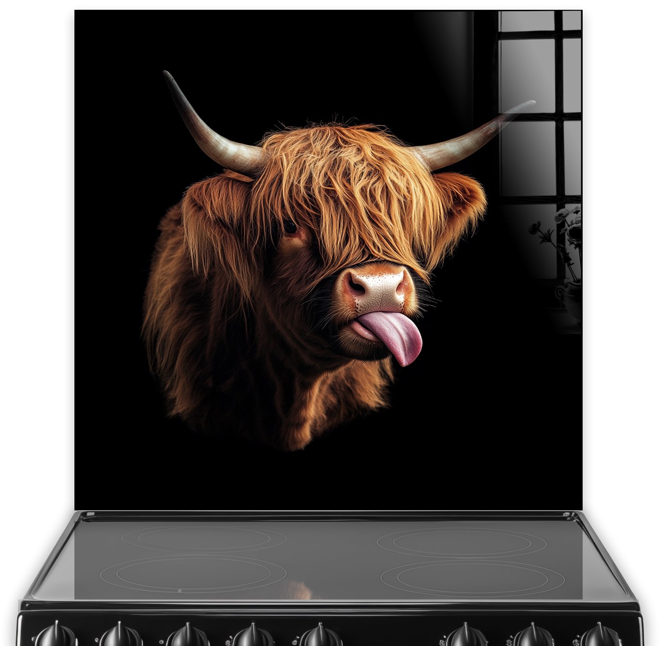 Playful Highland Cow with Tongue Out on Printed Kitchen Splashback