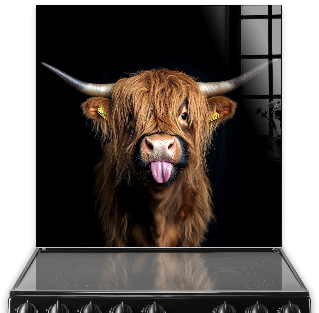 Cheeky Madame Moo Highland Cow art on kitchen splashback with black background and reflection