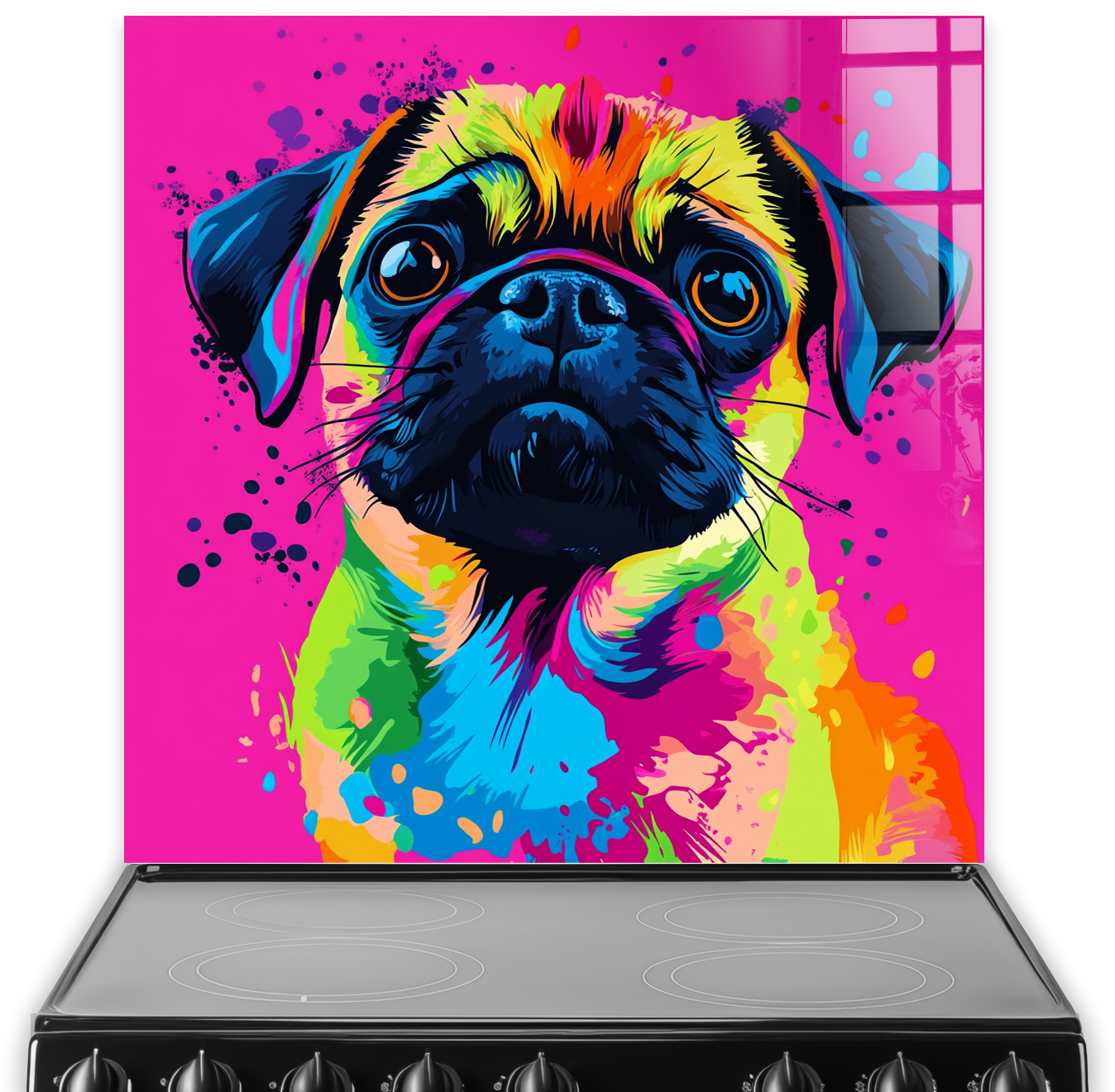 Colourful graffiti pug splashback art with vibrant pink, yellow, blue, and orange shades.