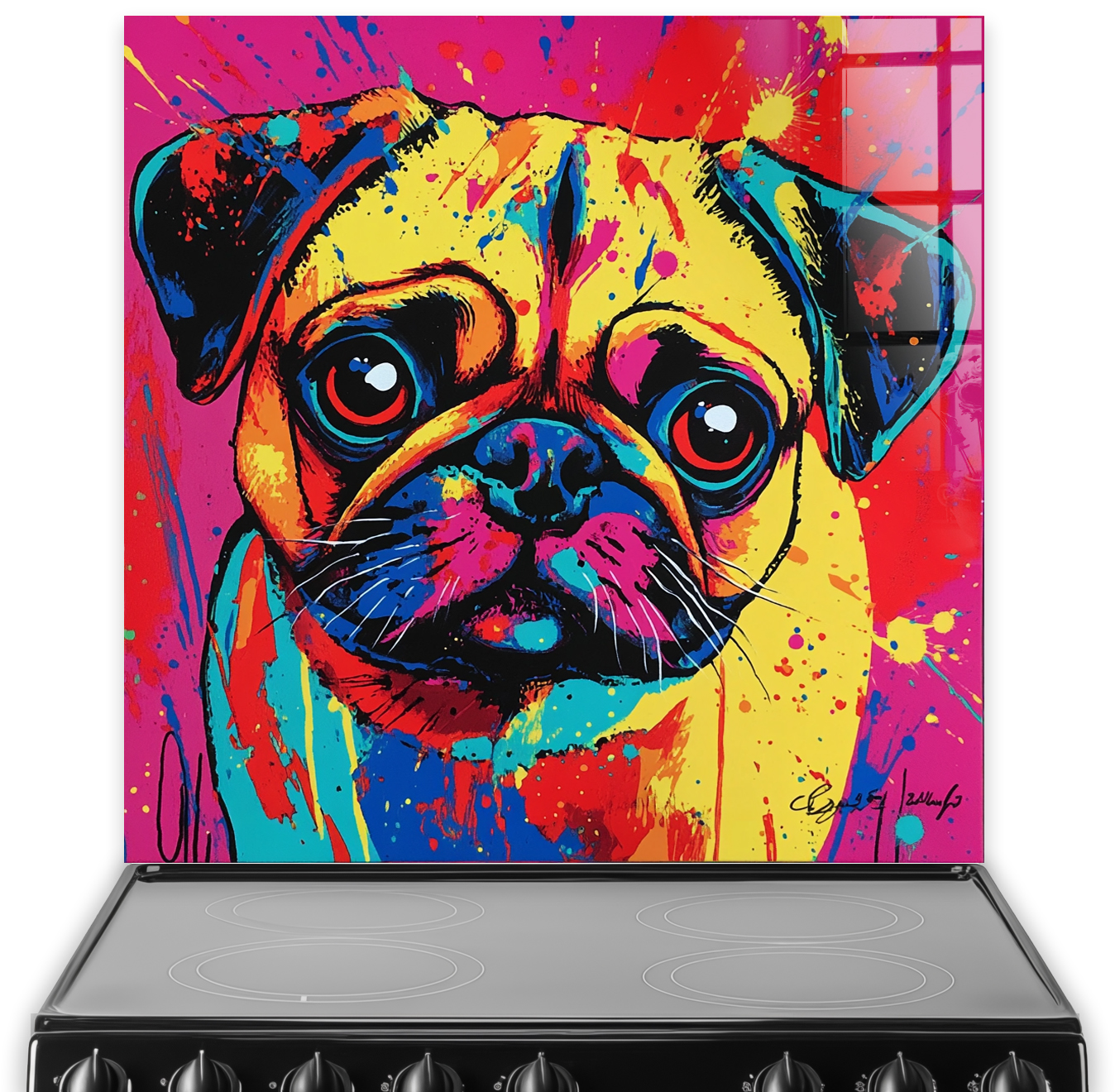 Colourful graffiti pug splashback art with vibrant colours.