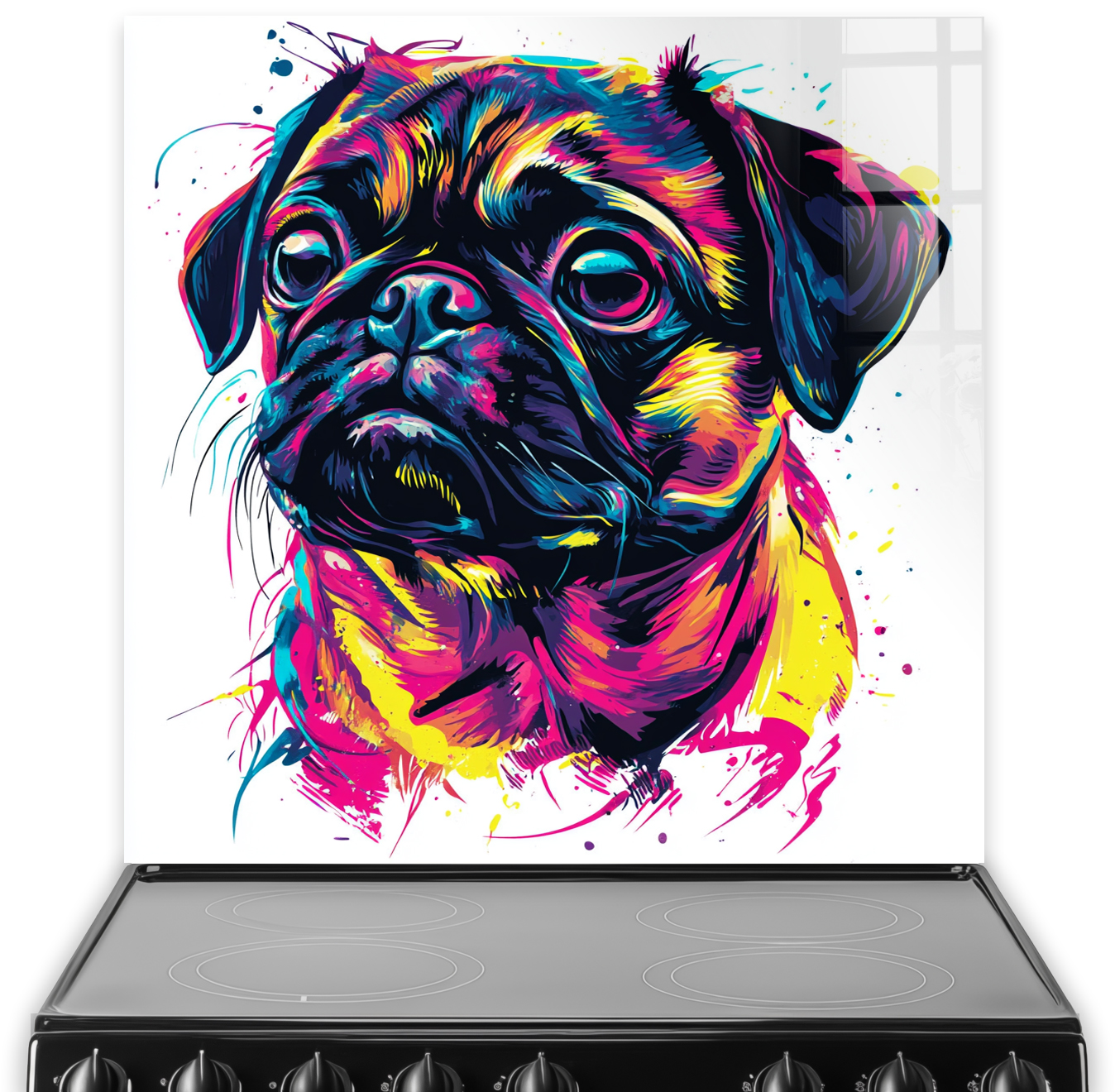 Colourful graffiti pug splashback art with vivid pink, yellow, blue, and black.