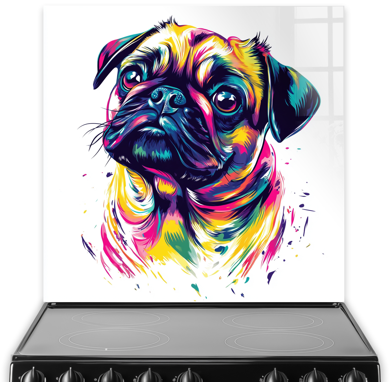 Colourful graffiti pug splashback design with vibrant yellow, blue, pink, and orange shades.