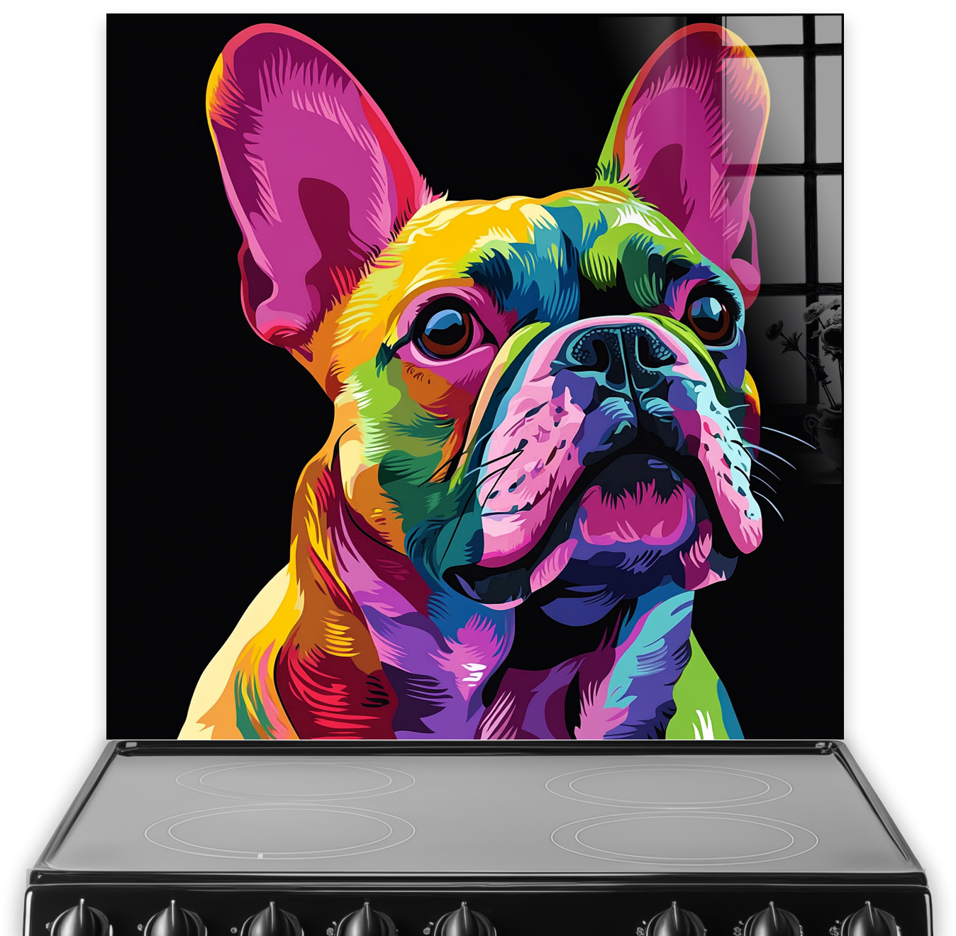 Neon Frenchie French Bulldogs splashback art with vibrant neon colours on a black background.