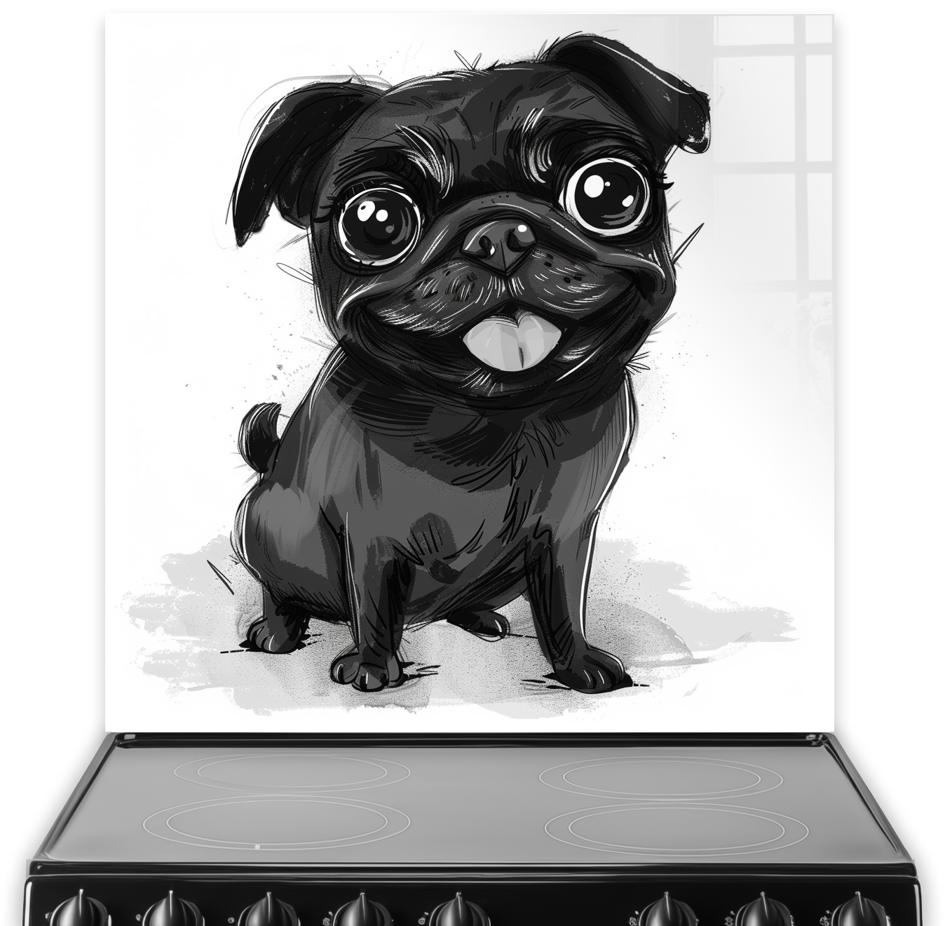 Crazy Pugs splashback featuring Black Cheeky Pug with expressive eyes in black and white tones.