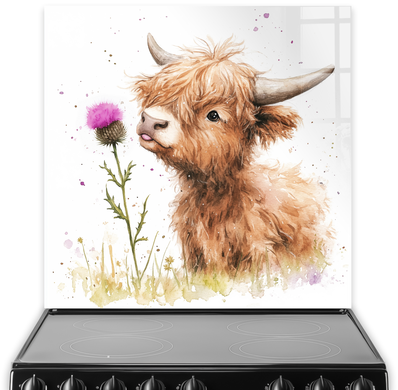 Highland Cow with thistle splashback art in earthy browns, greens, and vibrant purple.