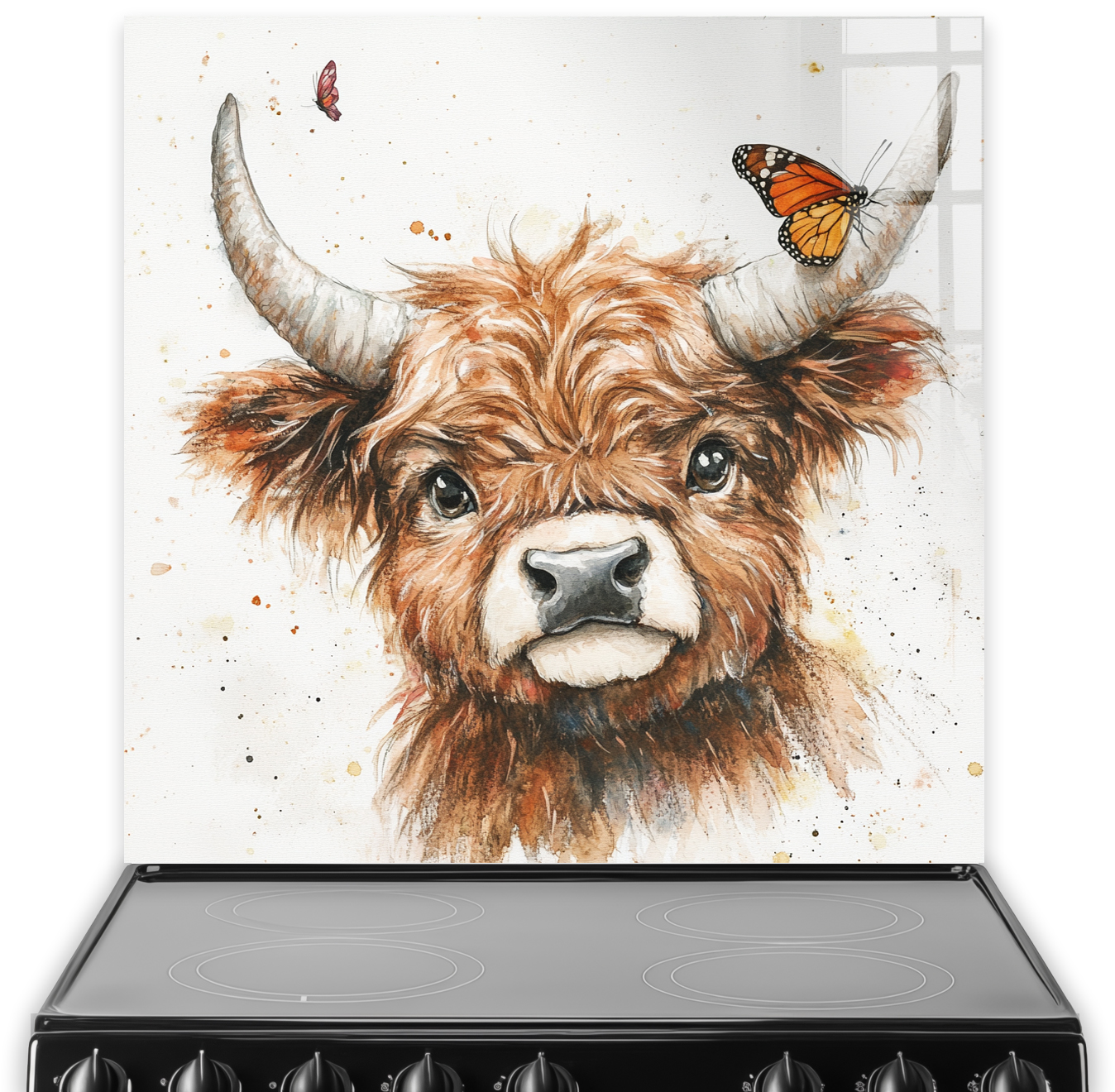 Highland Cow with butterflies on horns splashback art