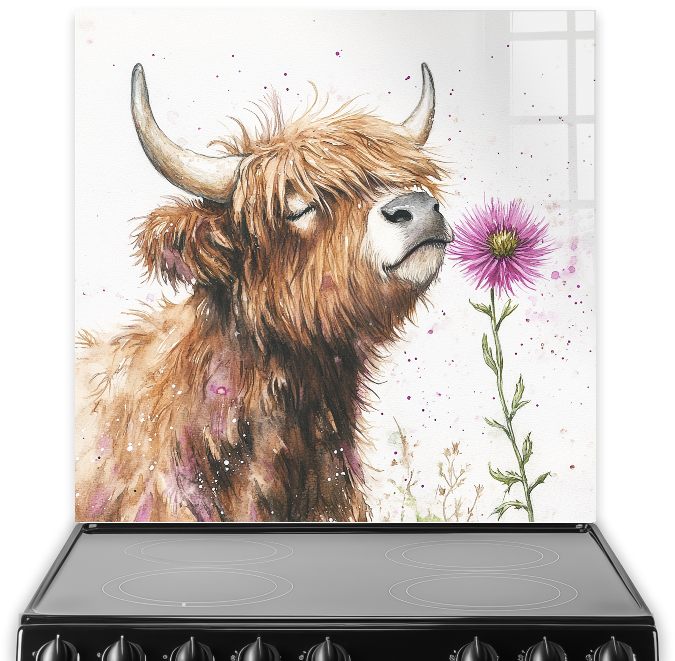 Highland cow with purple thistle splashback art