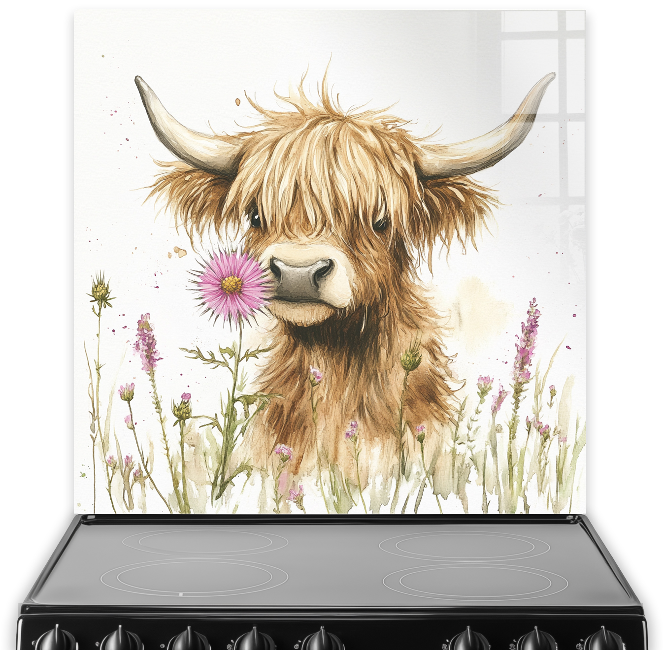 Highland Cow with flowers splashback art in pink, purple, and cream tones.