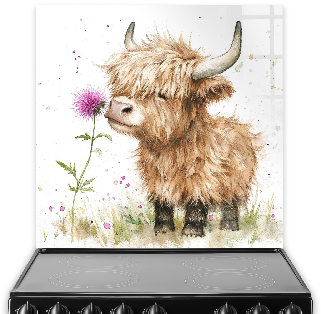 Highland cow with purple thistle splashback art