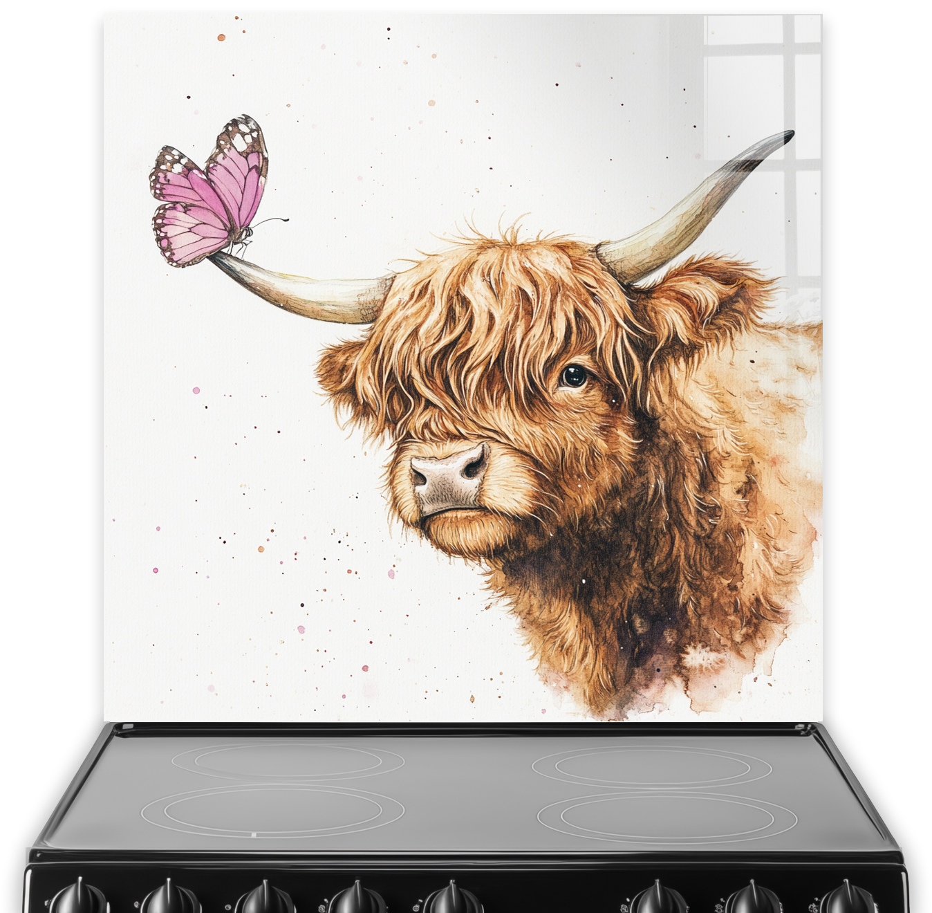 Highland cow with pink butterfly splashback art