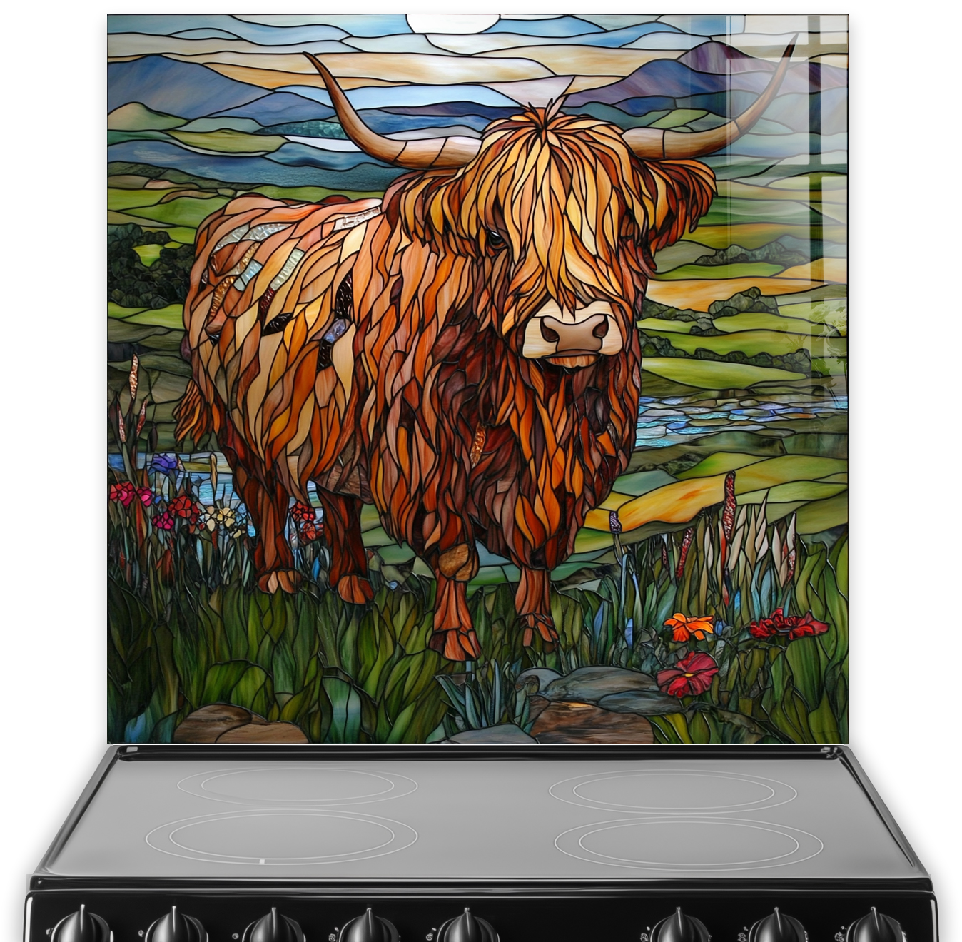 Highland Cow Flowers splashback with vibrant floral and landscape design.