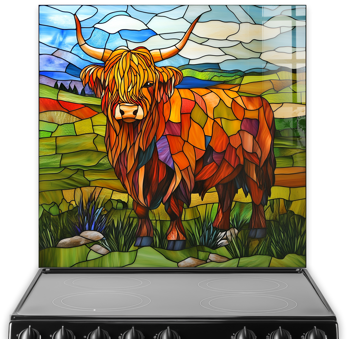 Highland cow stained glass design in vibrant colours splashback