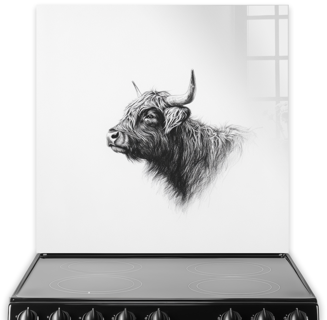 Highland cow black and white sketch splashback with grey and white background.