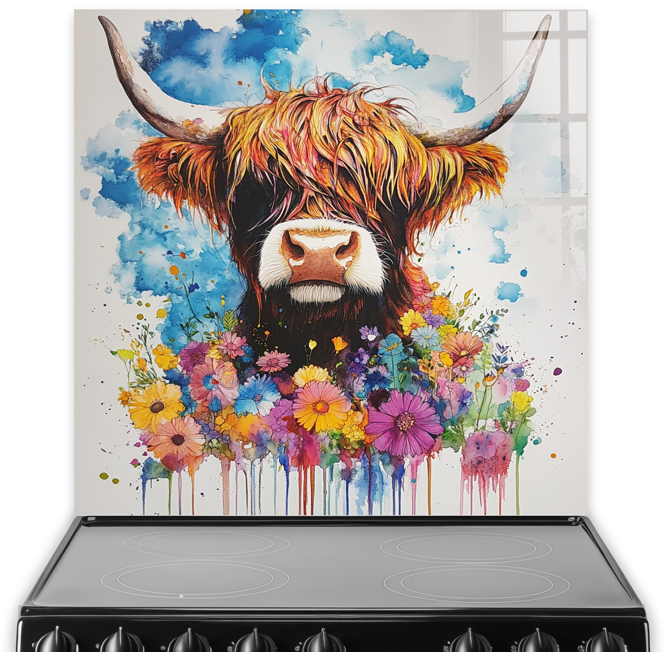 Highland Cow with colourful wildflowers splashback art