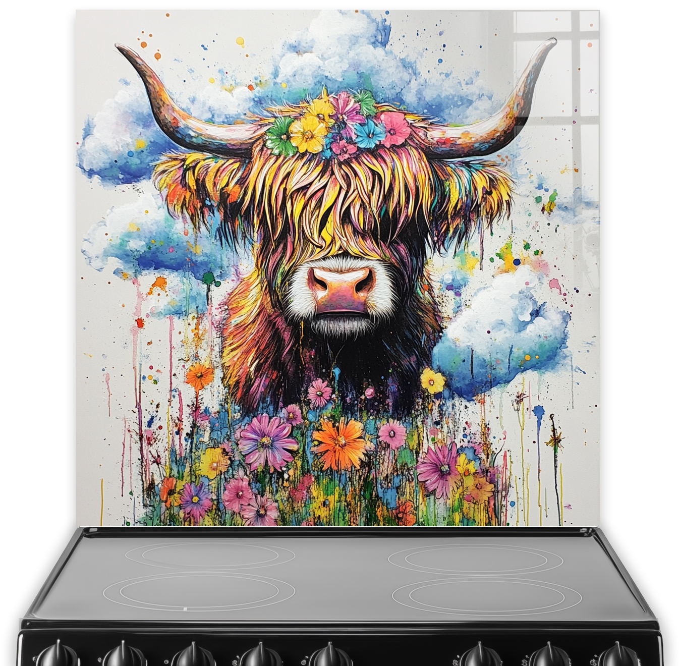 Highland Cow Flowers splashback art with vibrant colours and flowers against a cloud backdrop.