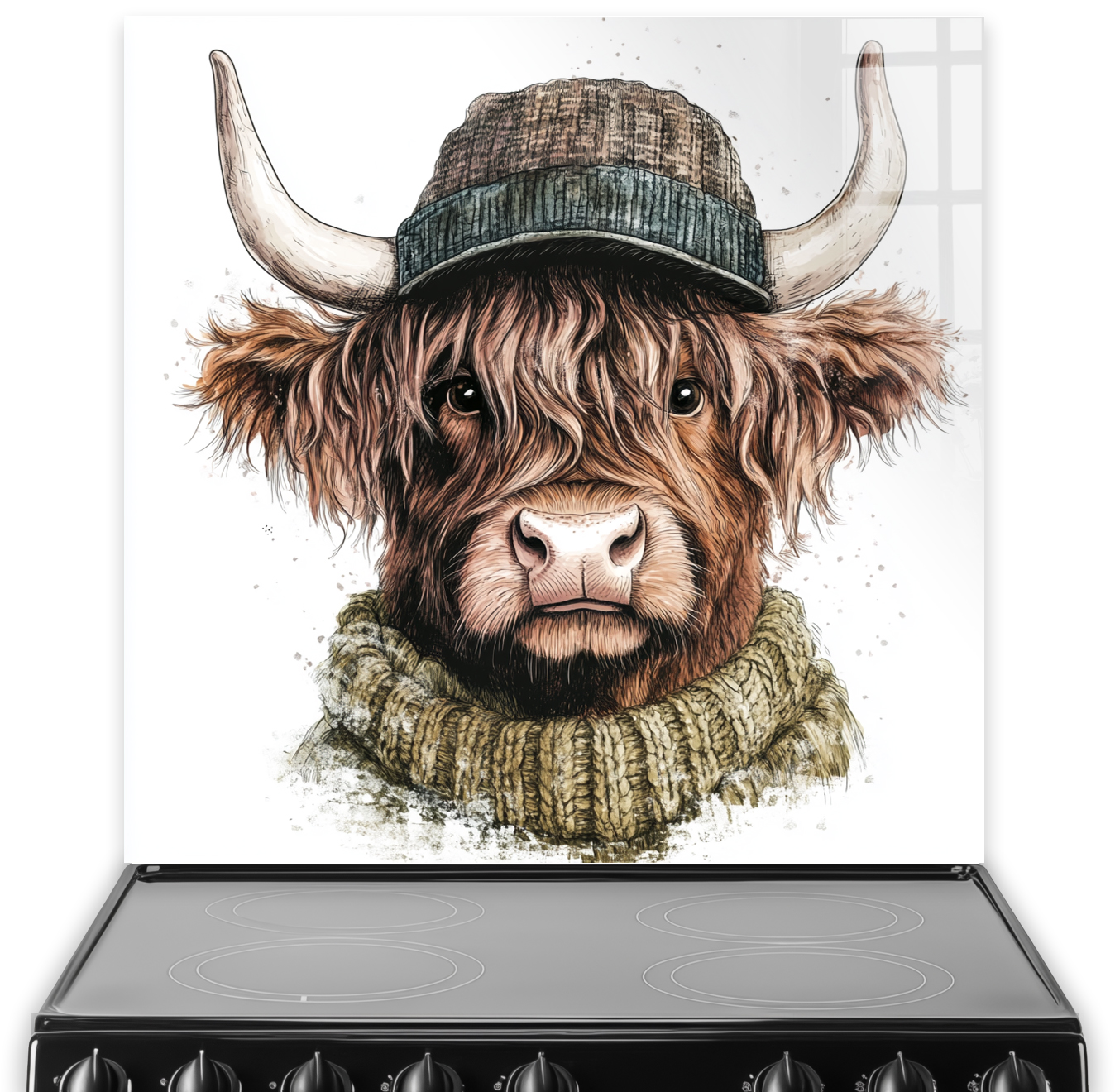 Highland Cow with brown sweater and grey hat splashback art