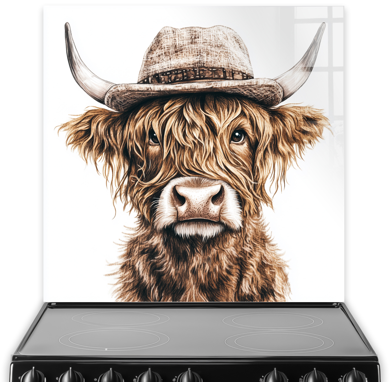 Highland Cow splashback with a cow wearing a hat.