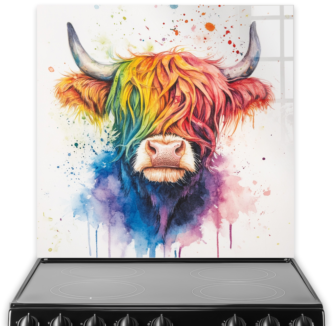 Colourful Spectrum Coo Highland Cows splashback art with vibrant orange, red, pink, blue, and purple design.