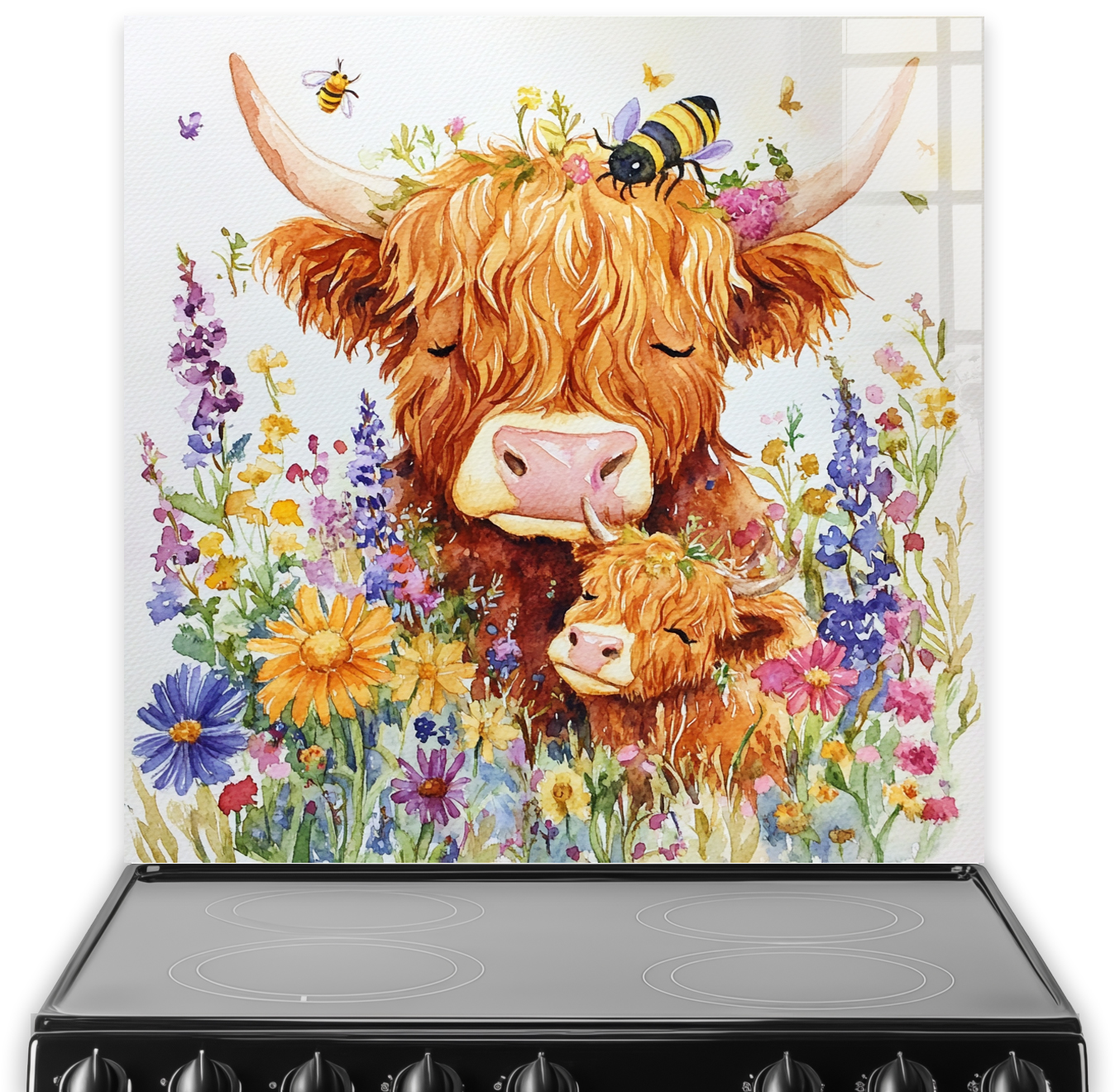 Highland cows with flowers and bees in vibrant colours