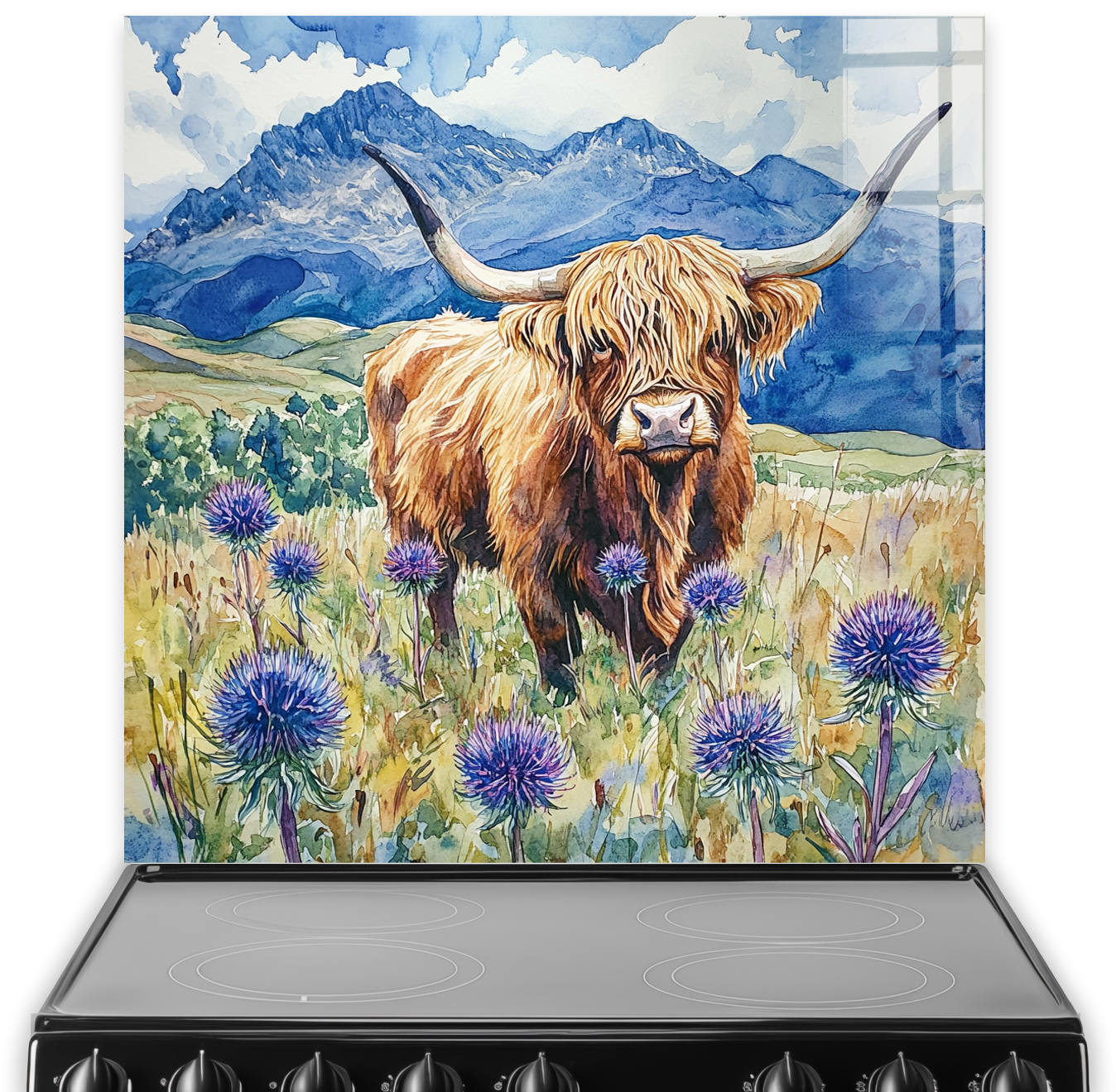 Highland Cow splashback art with purple thistles and mountains