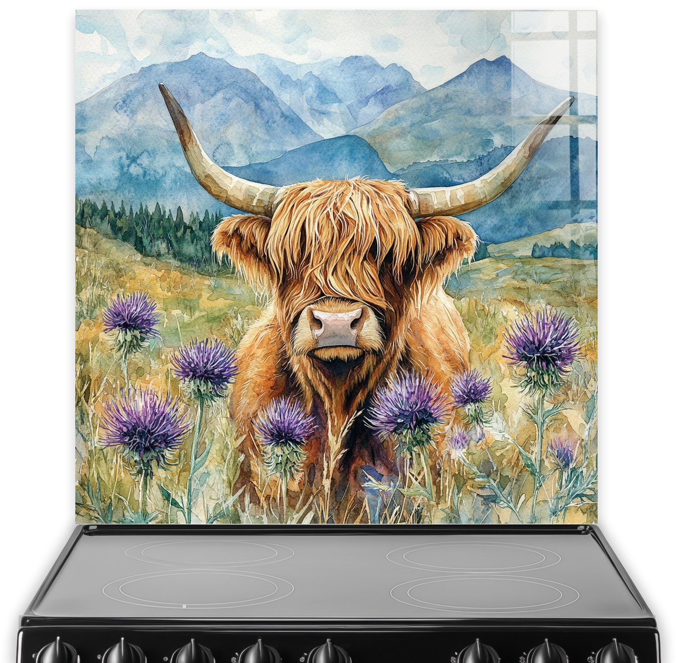 Highland Cow with purple thistles and mountains