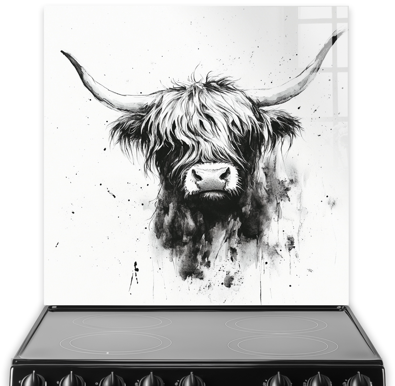 Highland Cow splashback art in black and white