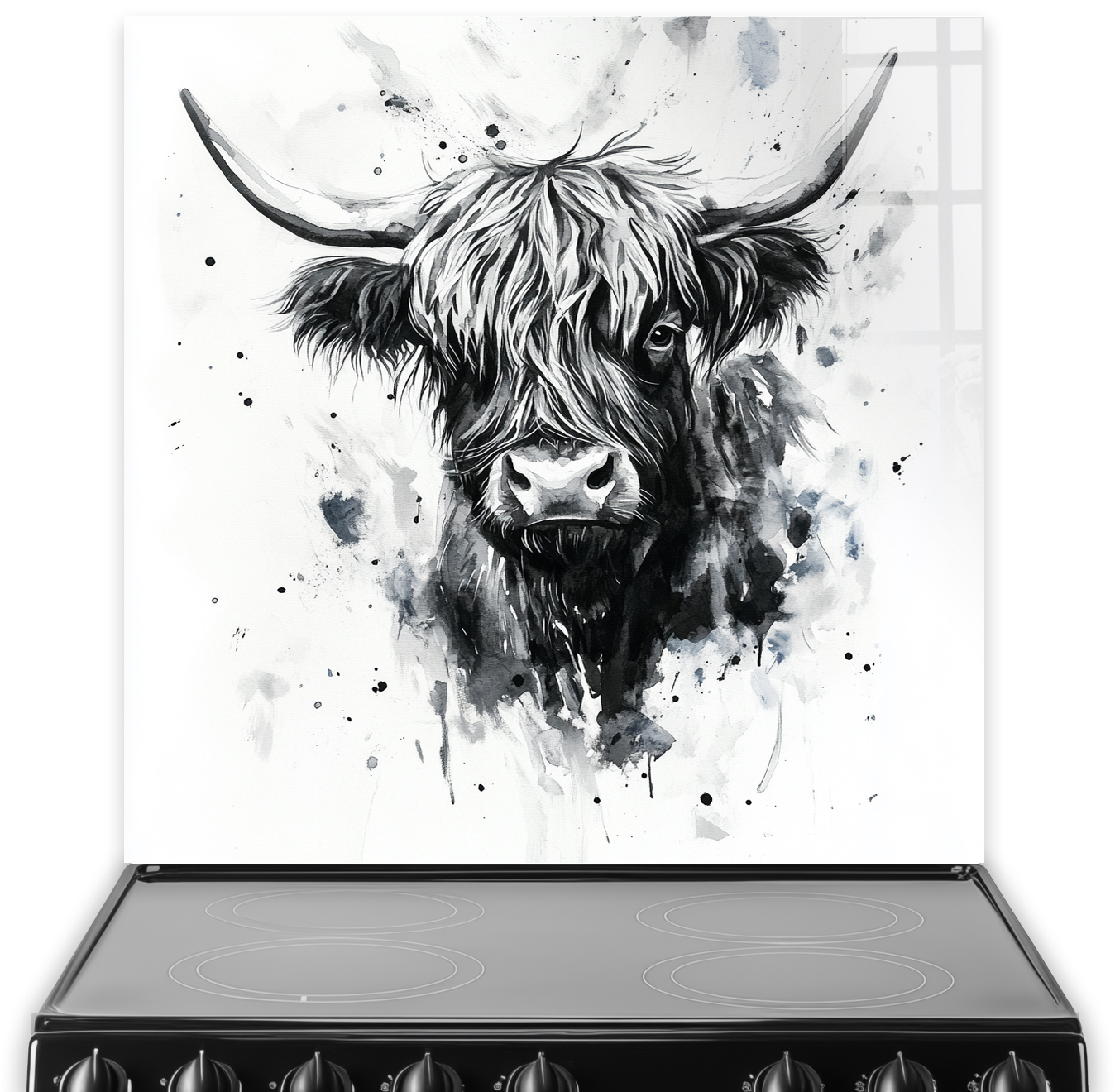 Monochrome Highland Cow splashback art featuring 