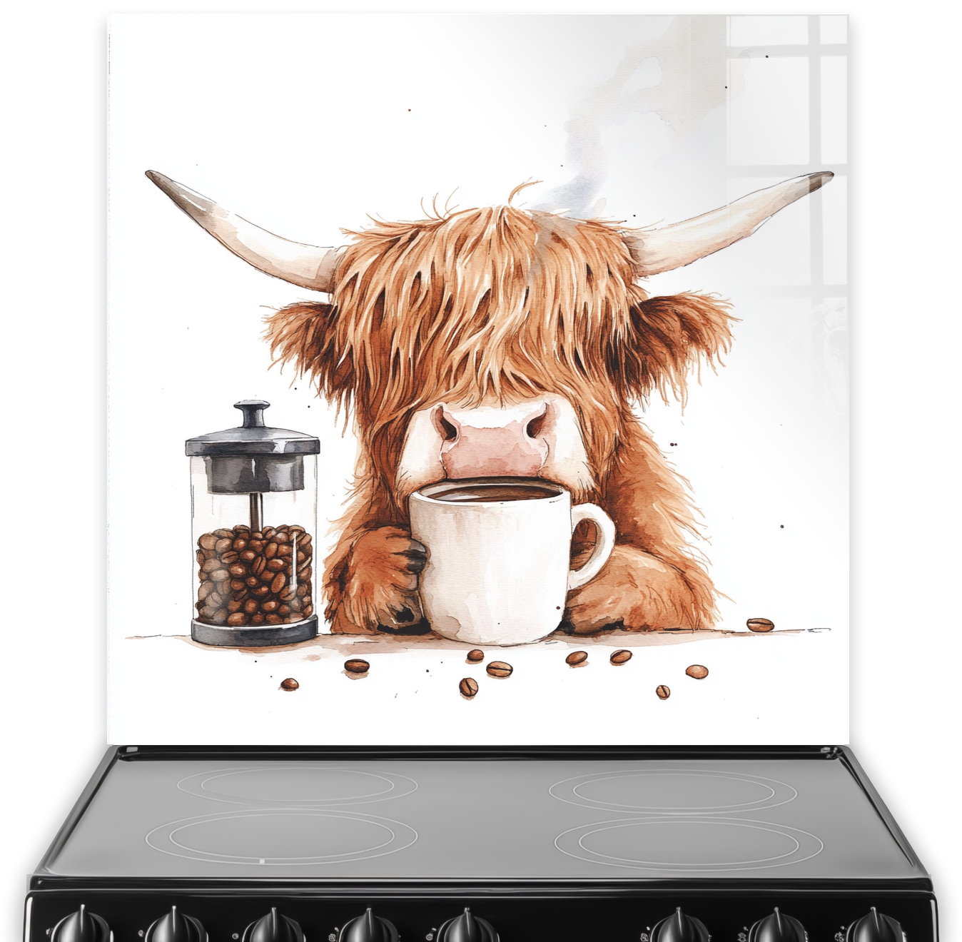 Highland Cow with coffee cup and French press