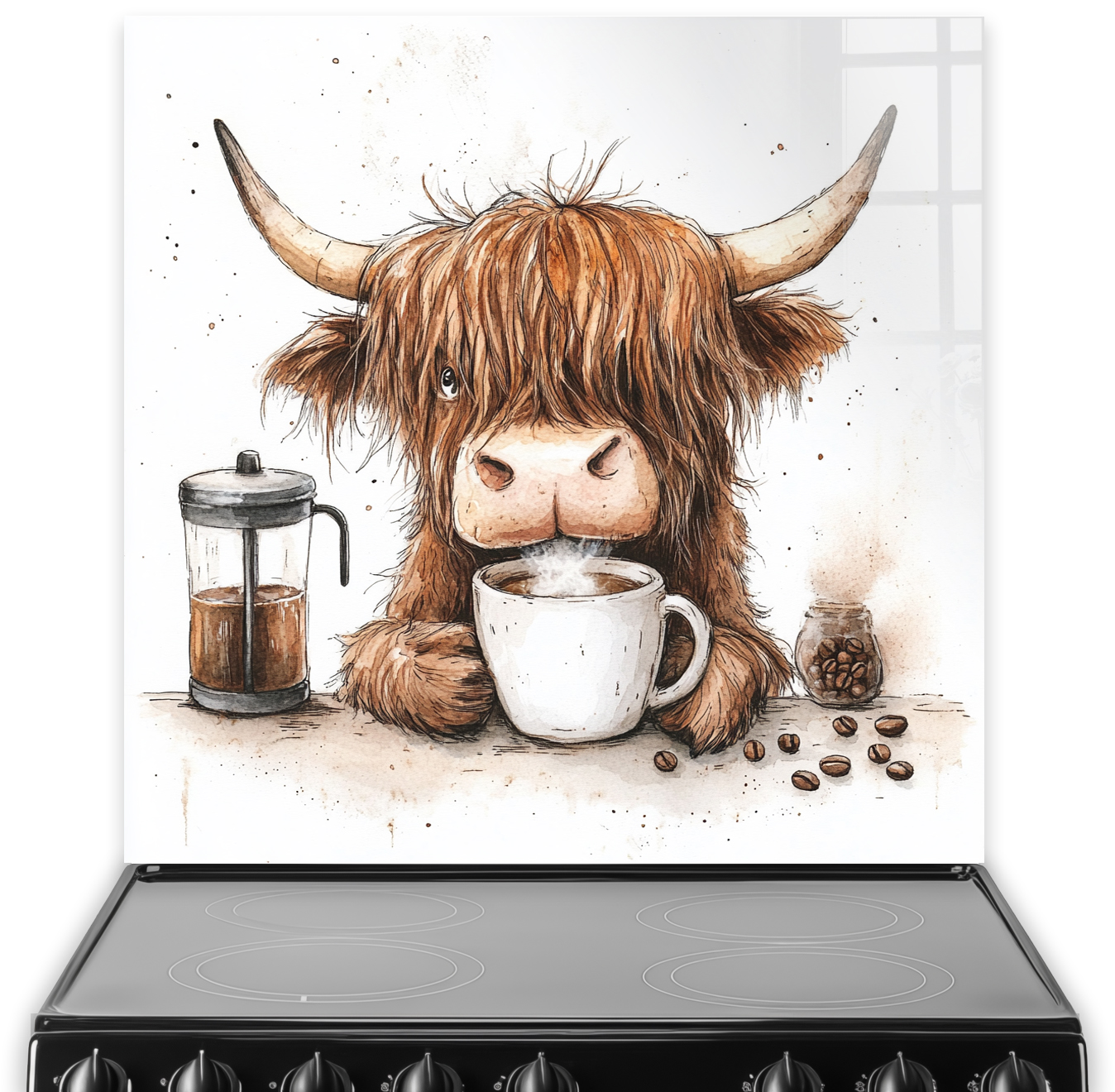 Highland Cow Moocha Latte kitchen splashback with coffee theme
