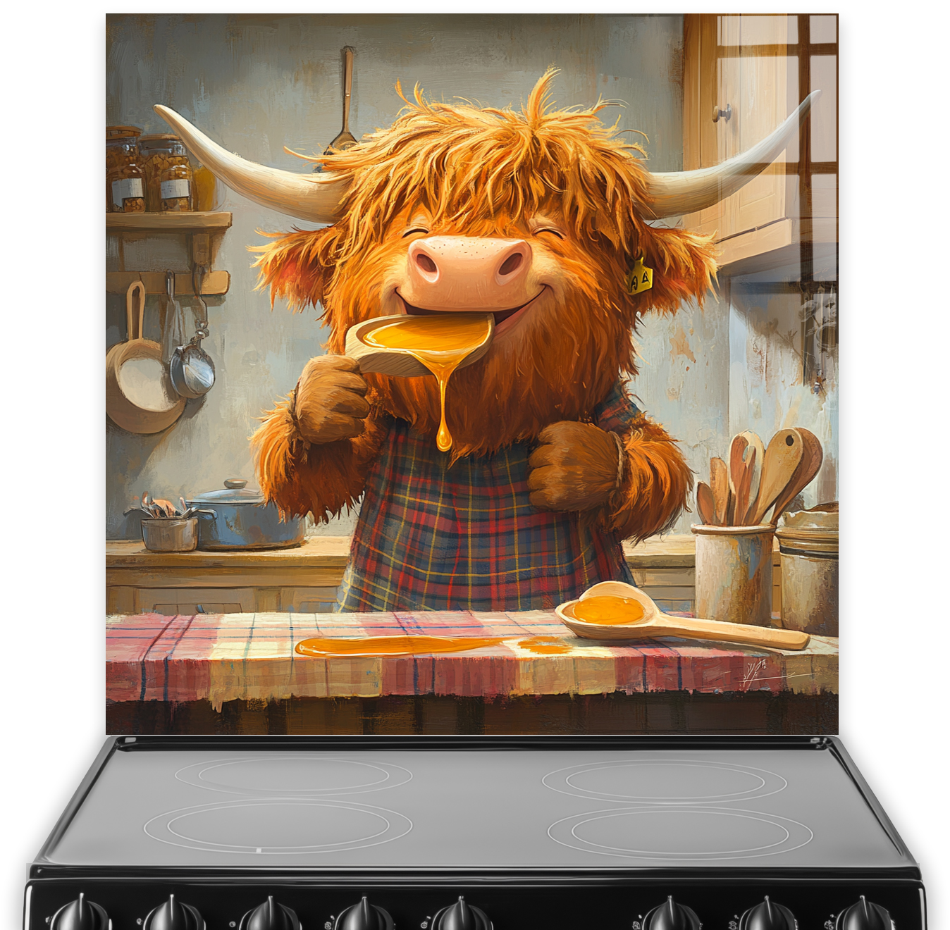 Highland Cow with honey in kitchen splashback art