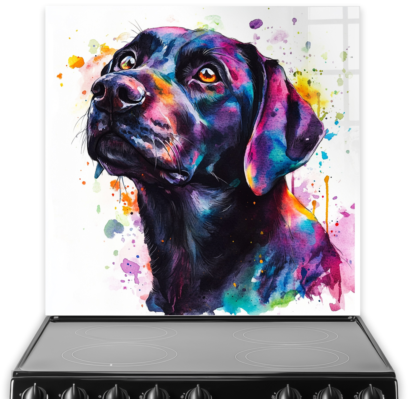 Colourful Labrador Retriever splashback art with vibrant shades