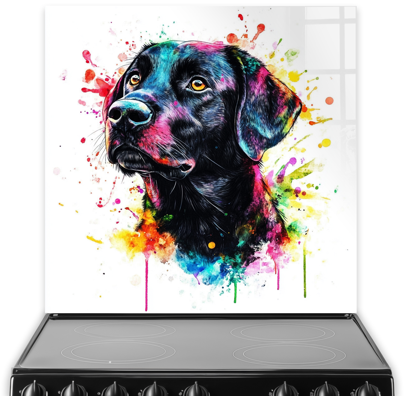 Colourful Labrador Retriever splashback art with vibrant colours.