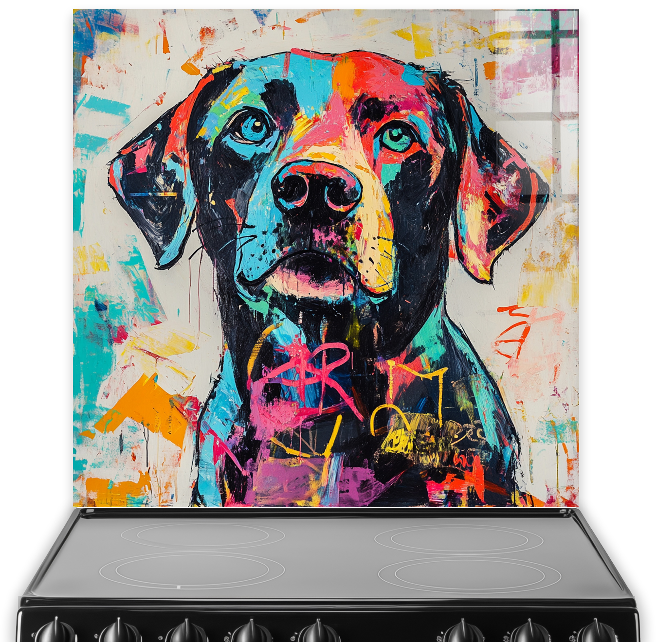 Colourful Labrador Retriever splashback art with graffitti style