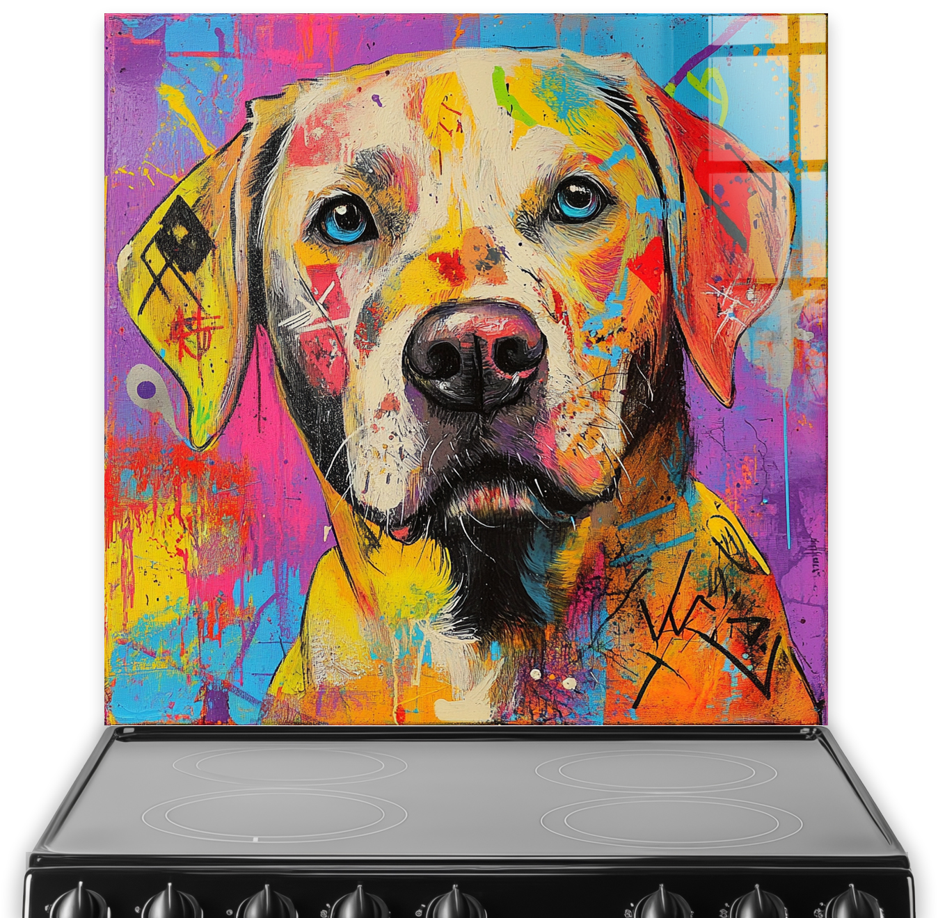 Vibrant Labrador Retriever splashback art with bright colours.